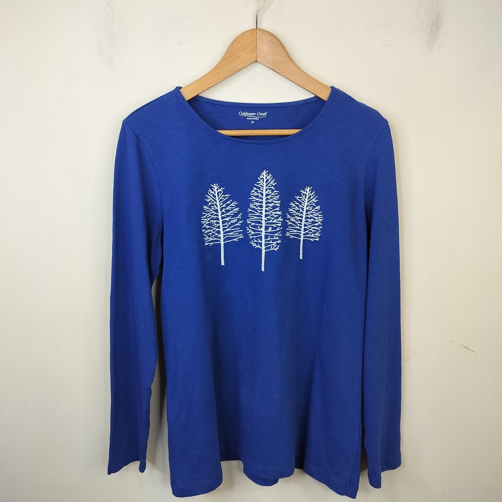 Coldwater Creek T-Shirt Medium Embroidered Trees Nature Outdoors Blue